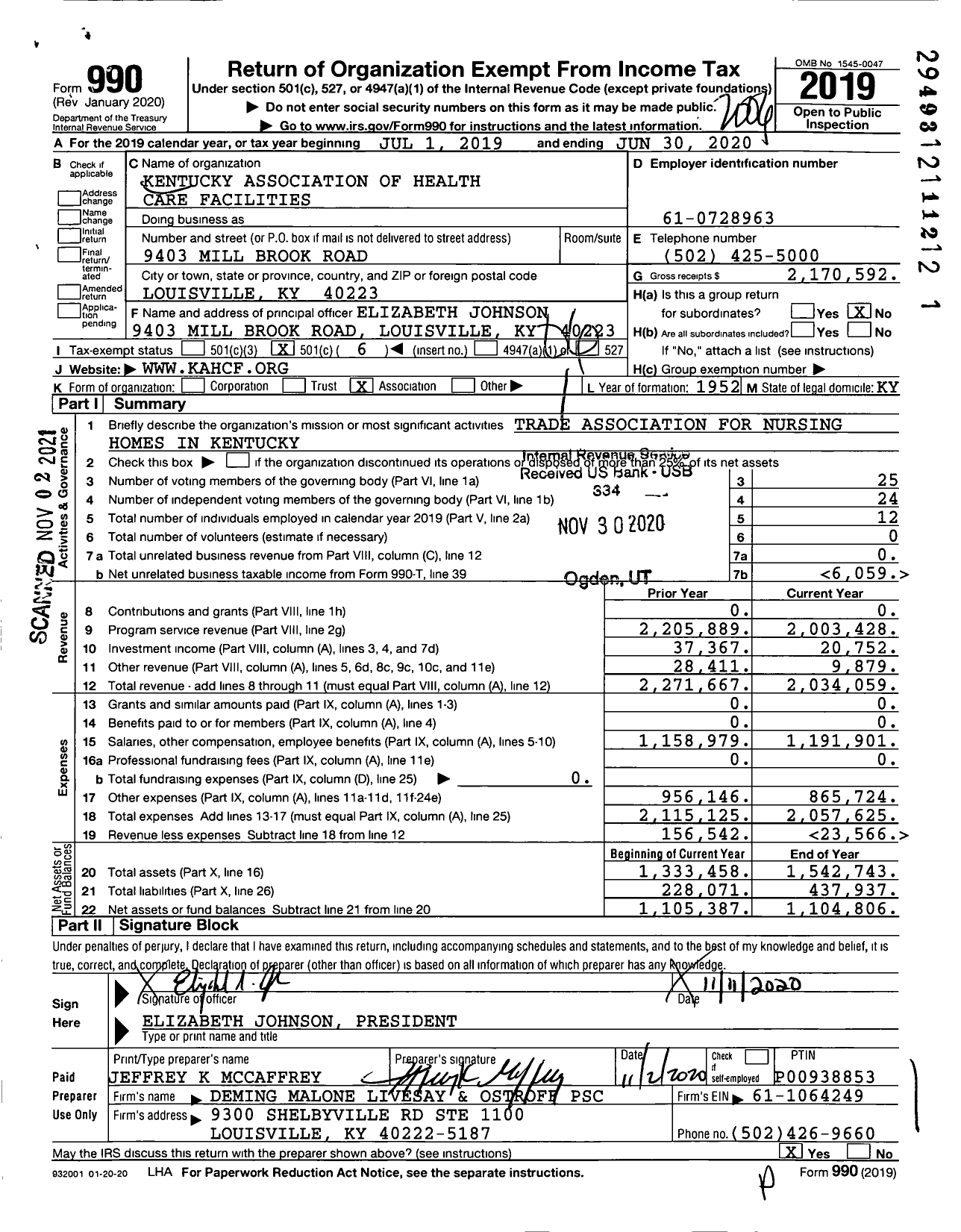 Image of first page of 2019 Form 990O for Kentucky Association of Health Care Facilities (KAHCF)
