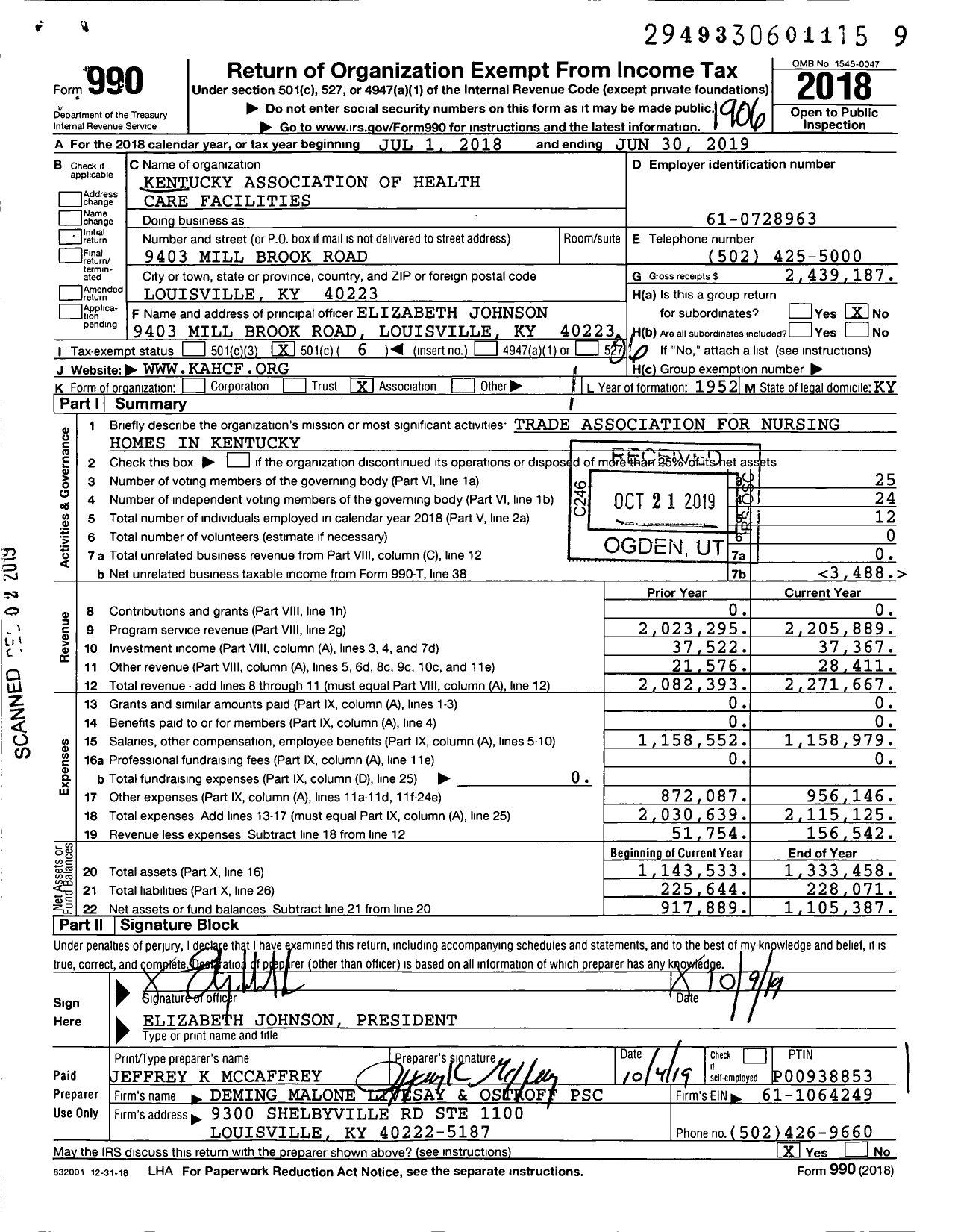 Image of first page of 2018 Form 990O for Kentucky Association of Health Care Facilities (KAHCF)