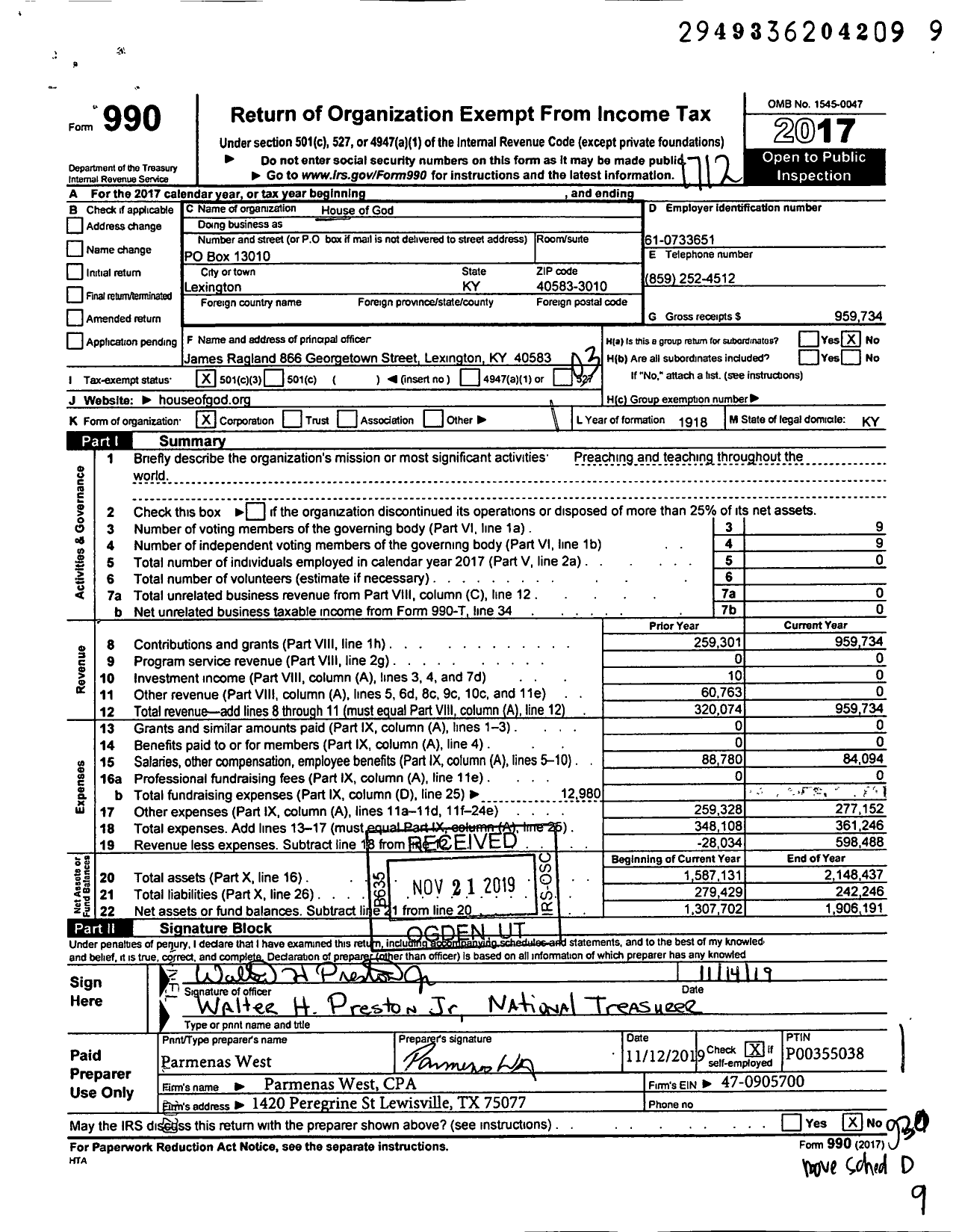 Image of first page of 2017 Form 990 for House of God