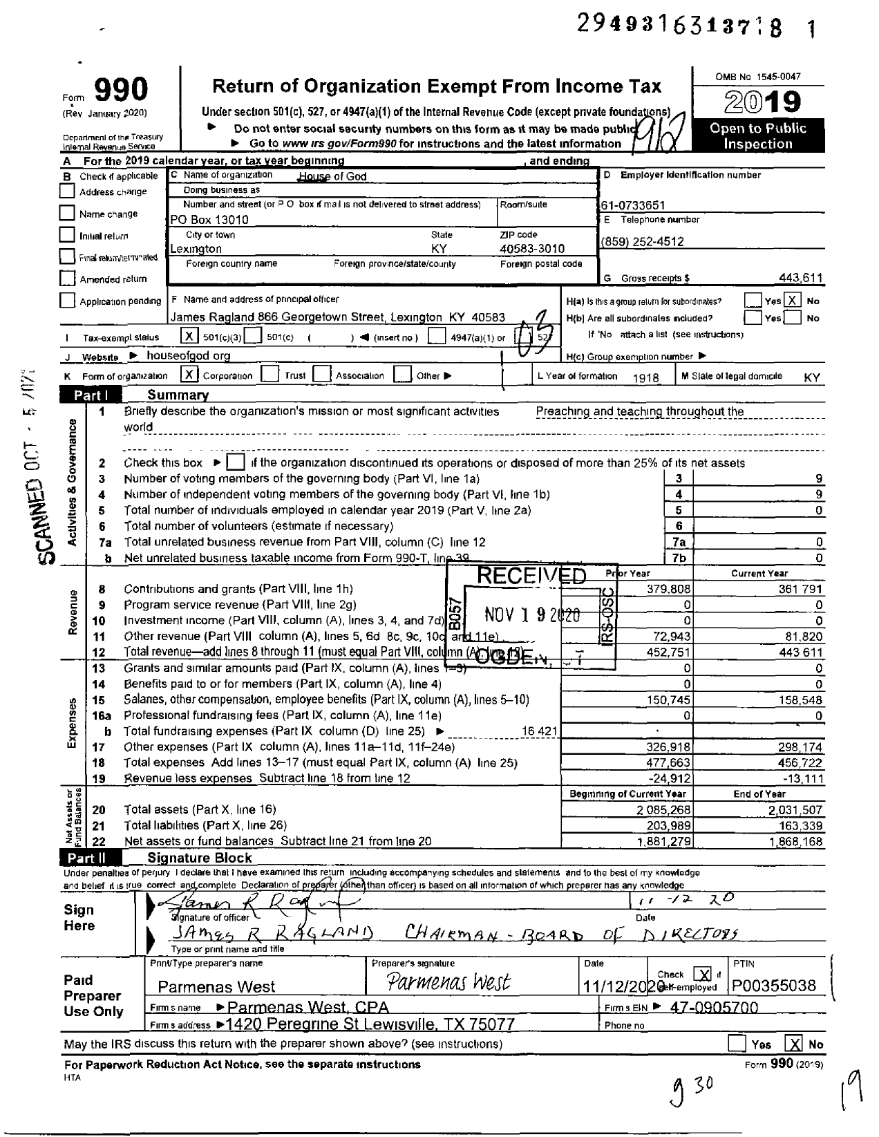 Image of first page of 2019 Form 990 for House of God