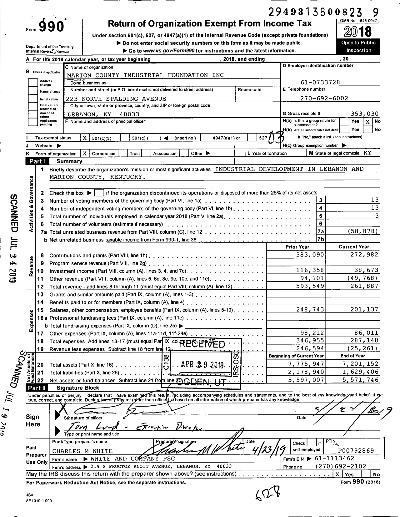 Image of first page of 2018 Form 990 for Marion County Industrial Foundation