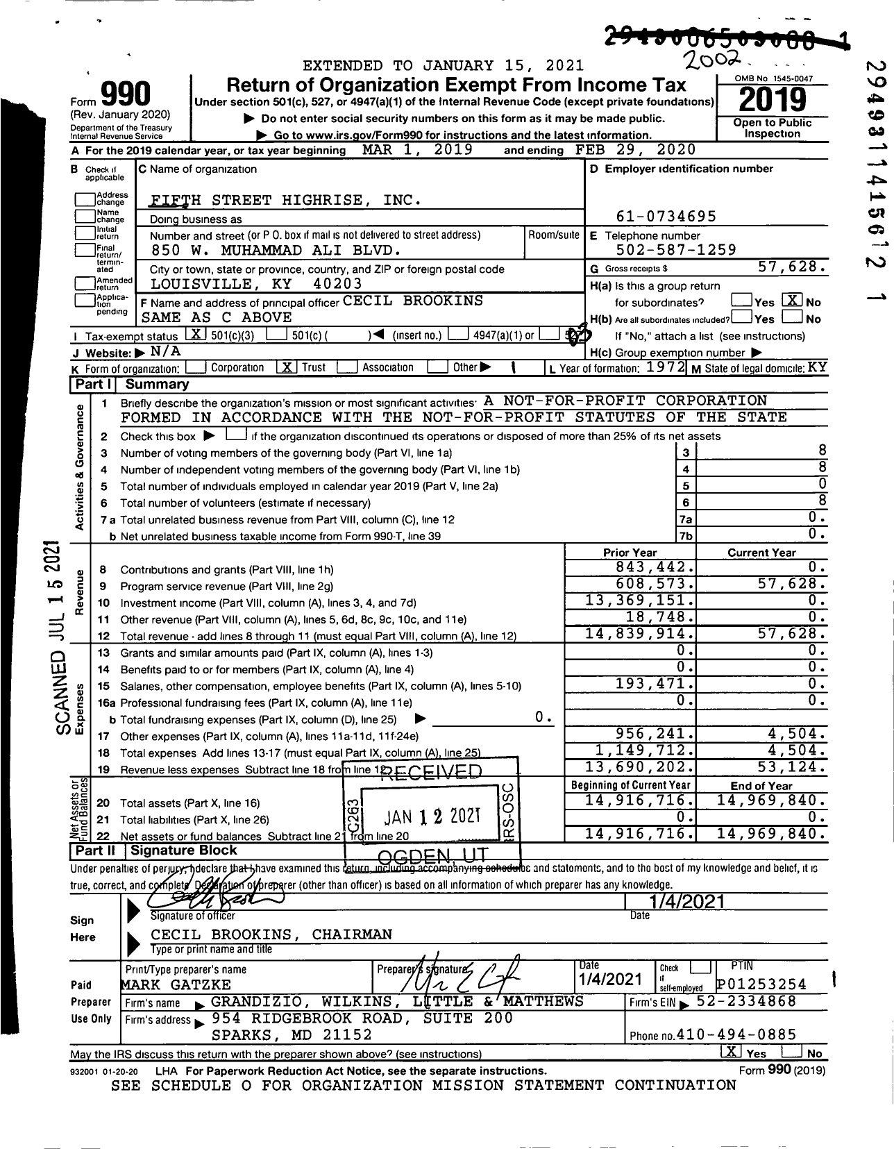 Image of first page of 2019 Form 990 for Fifth Street Highrise