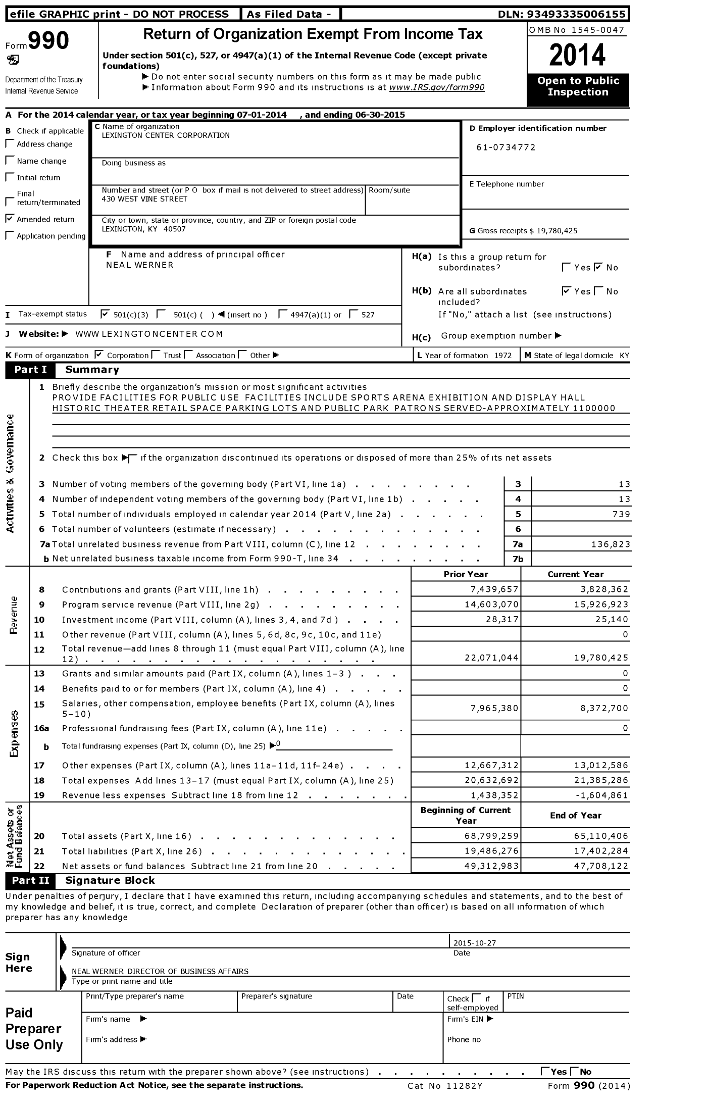 Image of first page of 2014 Form 990 for Lexington Center Corporation