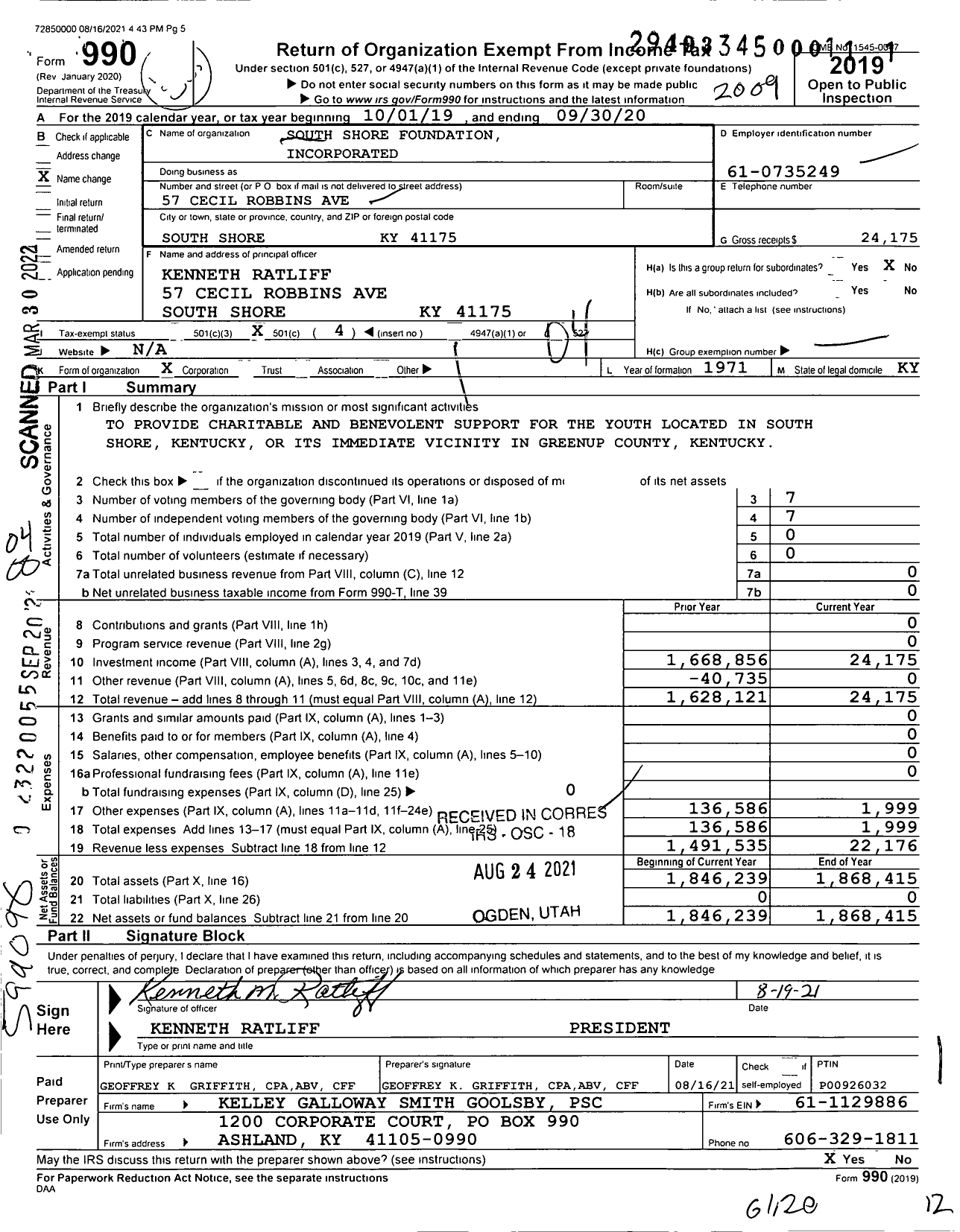 Image of first page of 2019 Form 990O for South Shore Foundation Incorporated