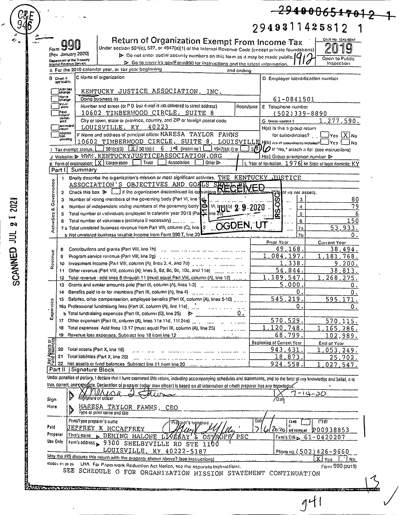 Image of first page of 2019 Form 990O for Kentucky Justice Association (KJA)