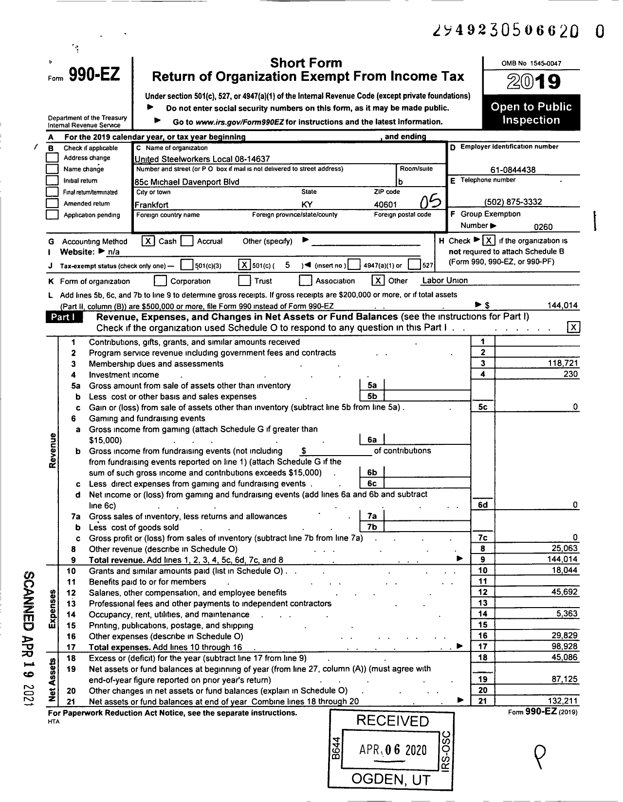 Image of first page of 2019 Form 990EO for United Steelworkers - 14637 Local