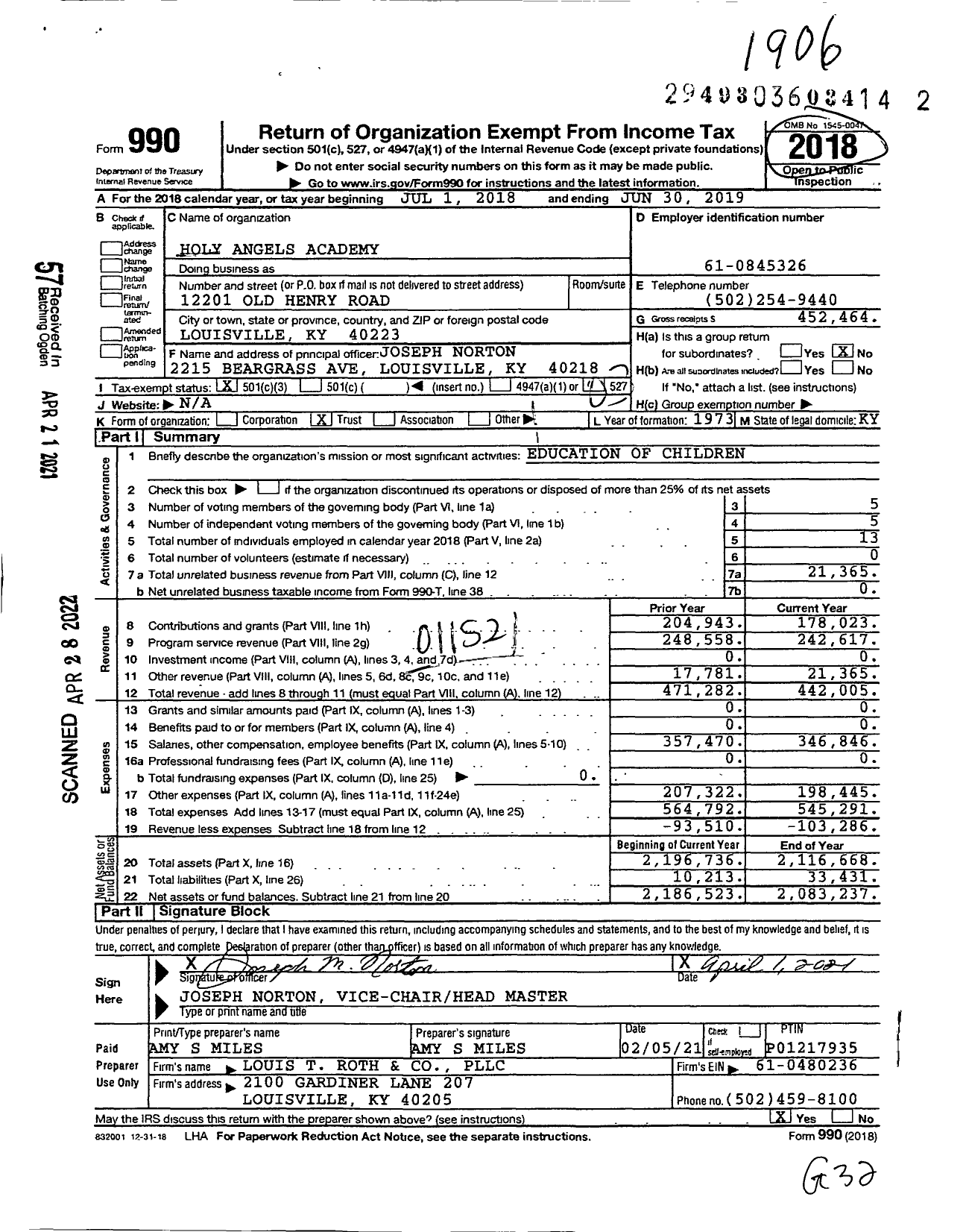 Image of first page of 2018 Form 990 for Holy Angels Academy