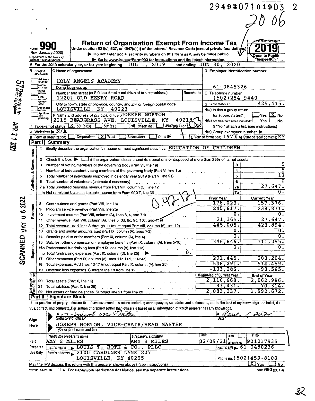 Image of first page of 2019 Form 990 for Holy Angels Academy