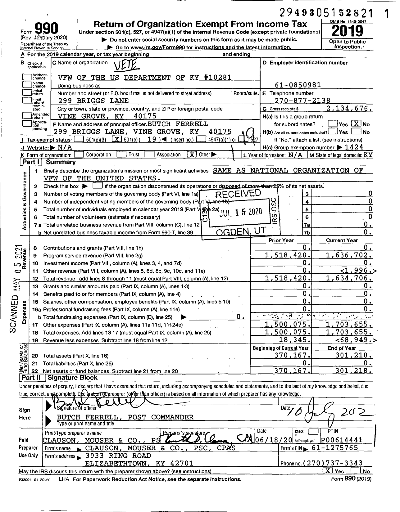 Image of first page of 2019 Form 990O for Veterans of Foreign Wars of the Us 10281 Vfw-Ken