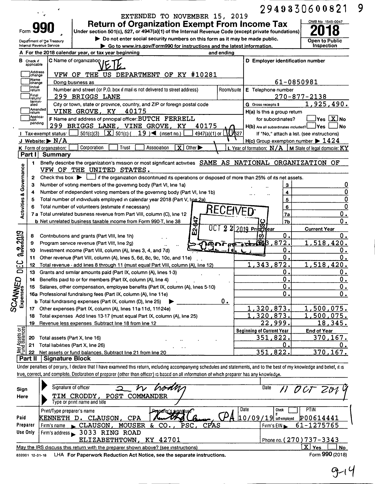 Image of first page of 2018 Form 990O for Veterans of Foreign Wars of the Us Dept of Kentucky - 10281 Vfw-Ken