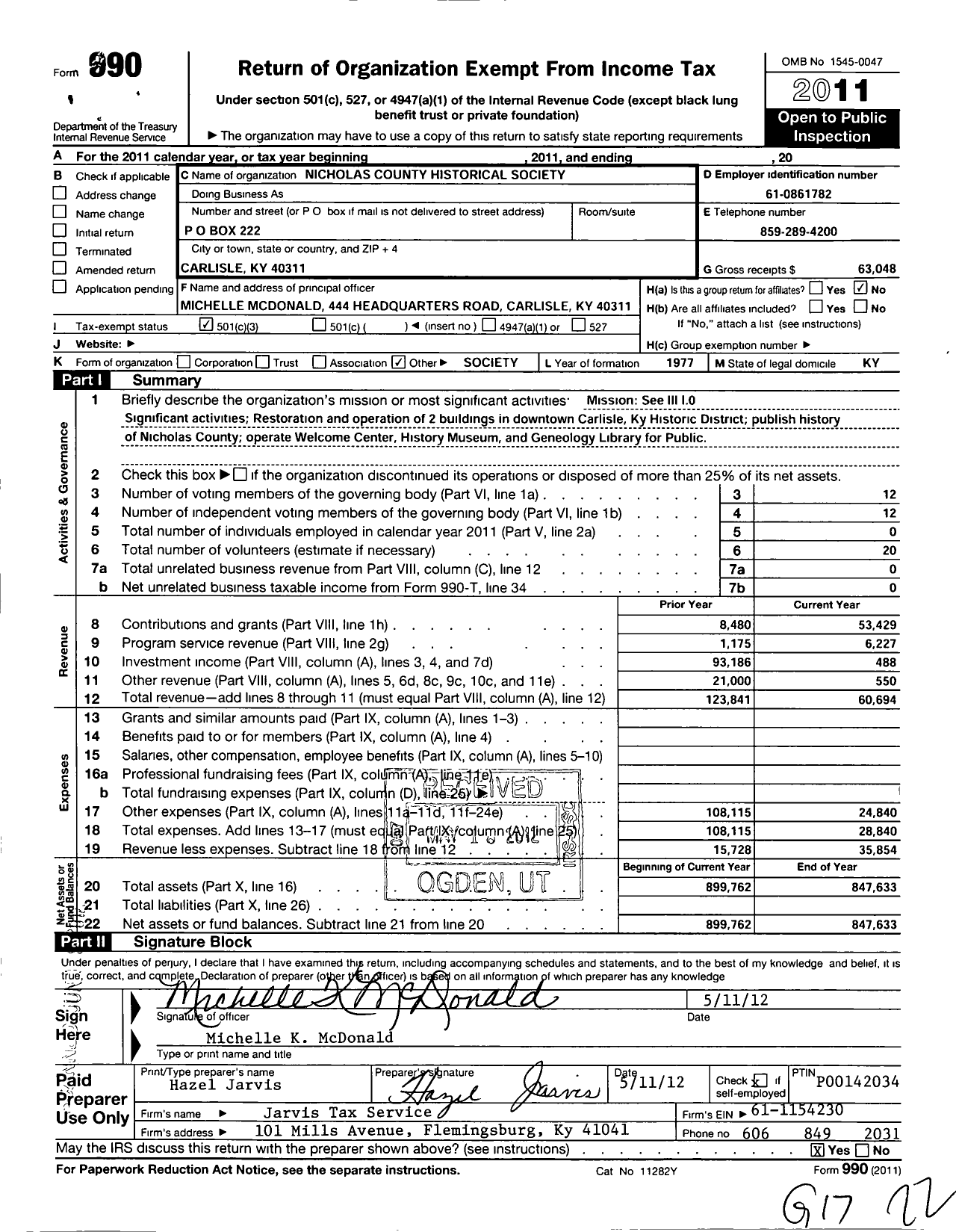 Image of first page of 2011 Form 990 for Nicholas County Historical Society