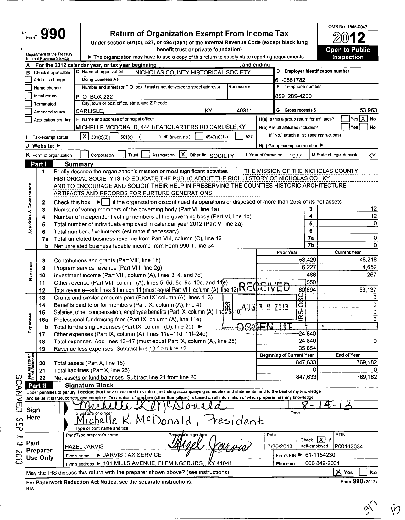 Image of first page of 2012 Form 990 for Nicholas County Historical Society