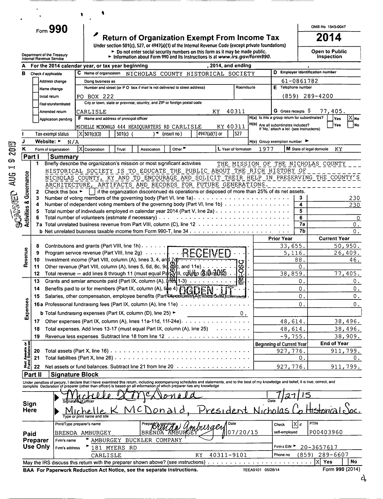 Image of first page of 2014 Form 990 for Nicholas County Historical Society