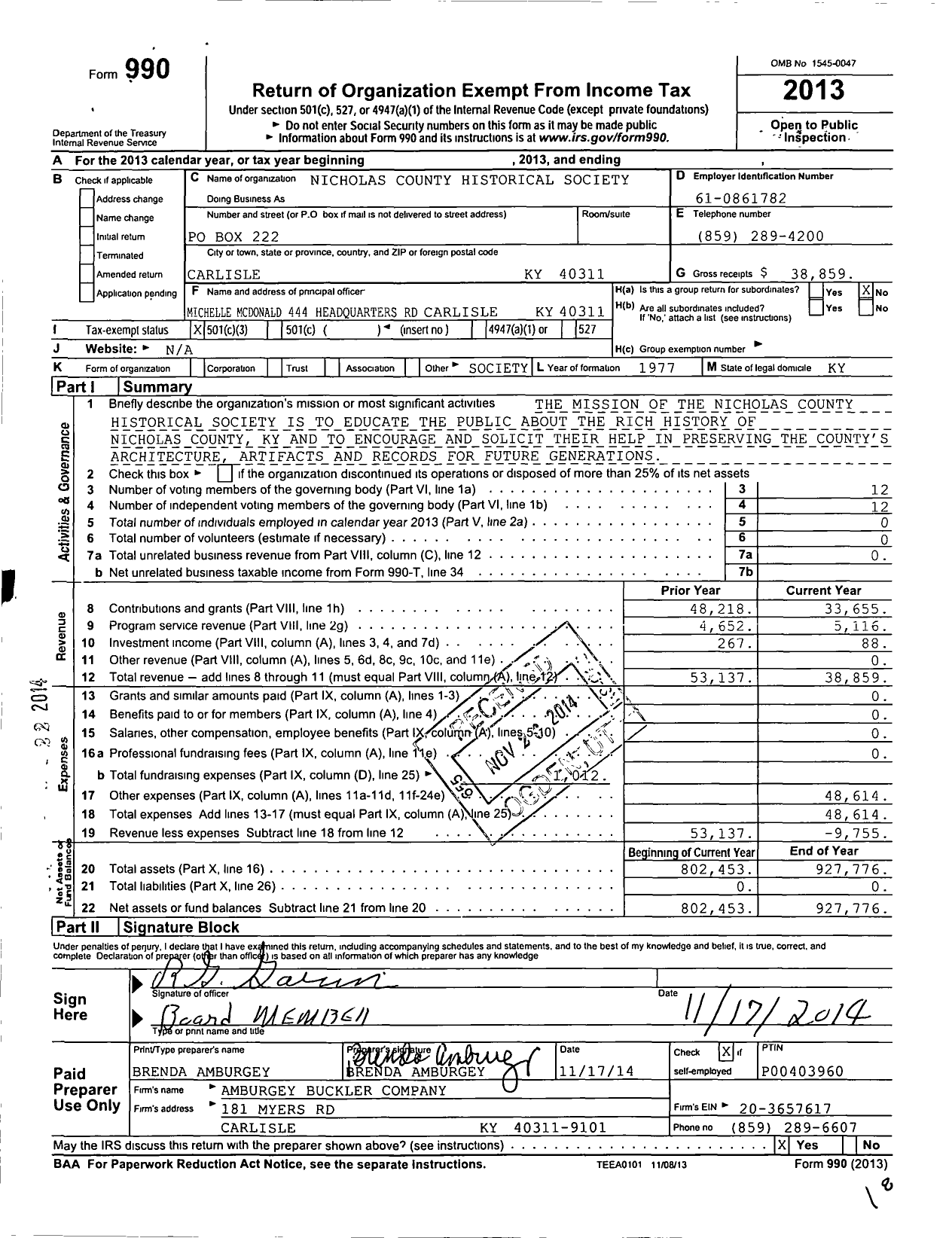 Image of first page of 2013 Form 990 for Nicholas County Historical Society