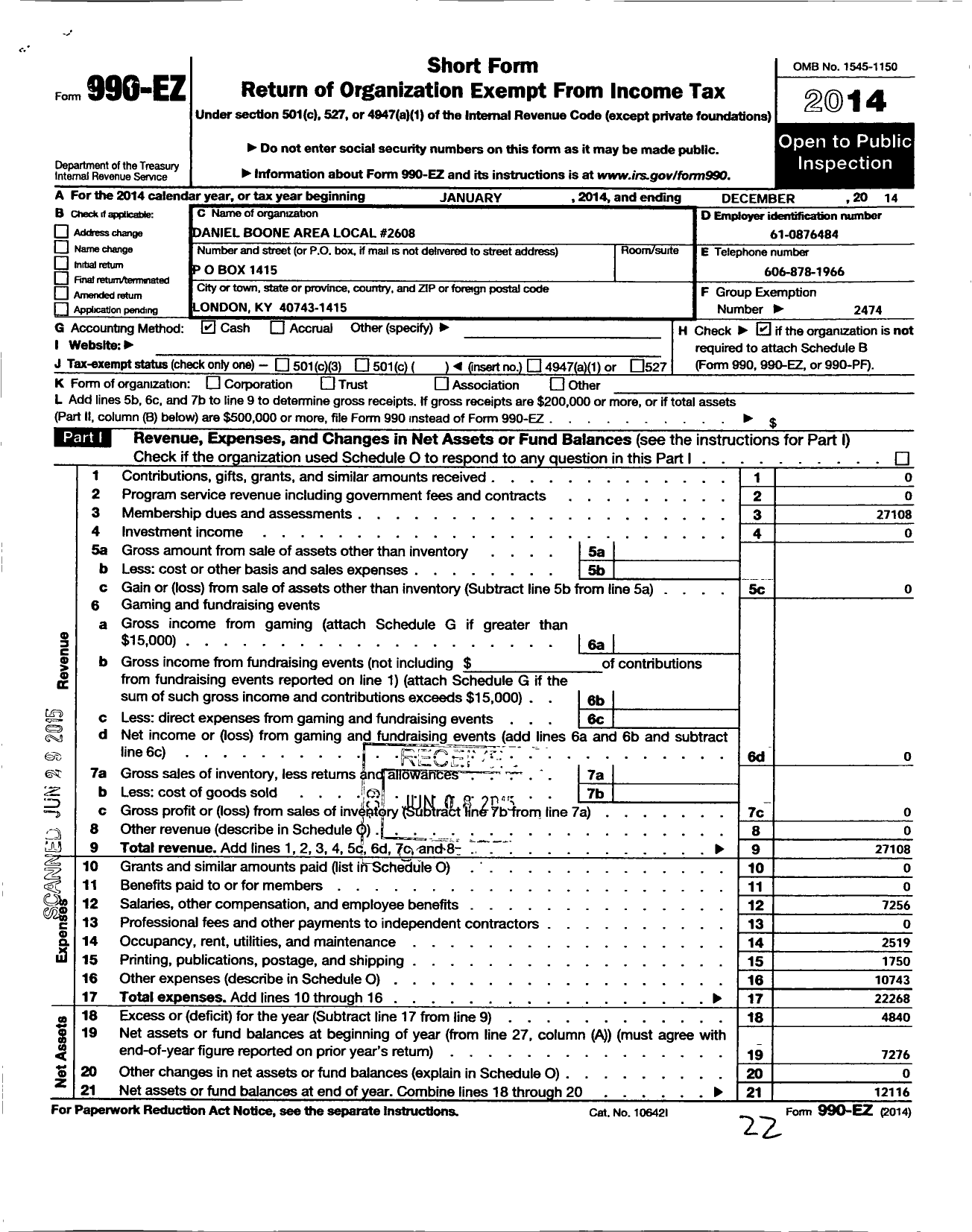 Image of first page of 2014 Form 990EO for American Postal Workers Union - 2608 Daniel Boone Area Local