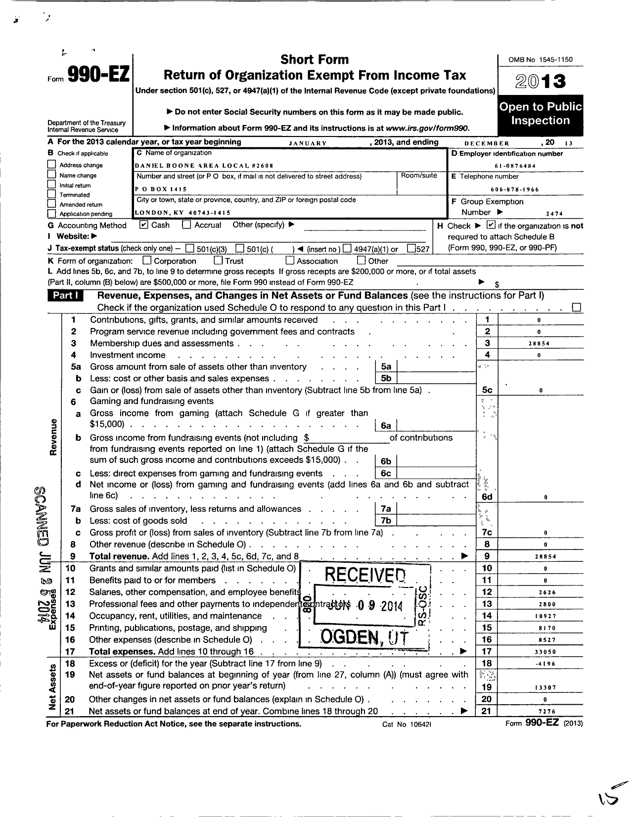 Image of first page of 2013 Form 990EO for American Postal Workers Union - 2608 Daniel Boone Area Local