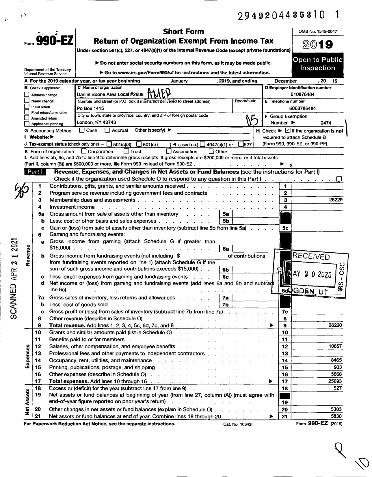 Image of first page of 2019 Form 990EO for American Postal Workers Union - 2608 Daniel Boone Area Local