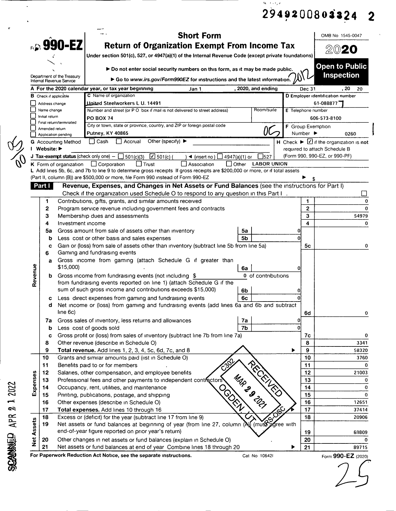 Image of first page of 2020 Form 990EO for United Steelworkers - 14491 Local District 8