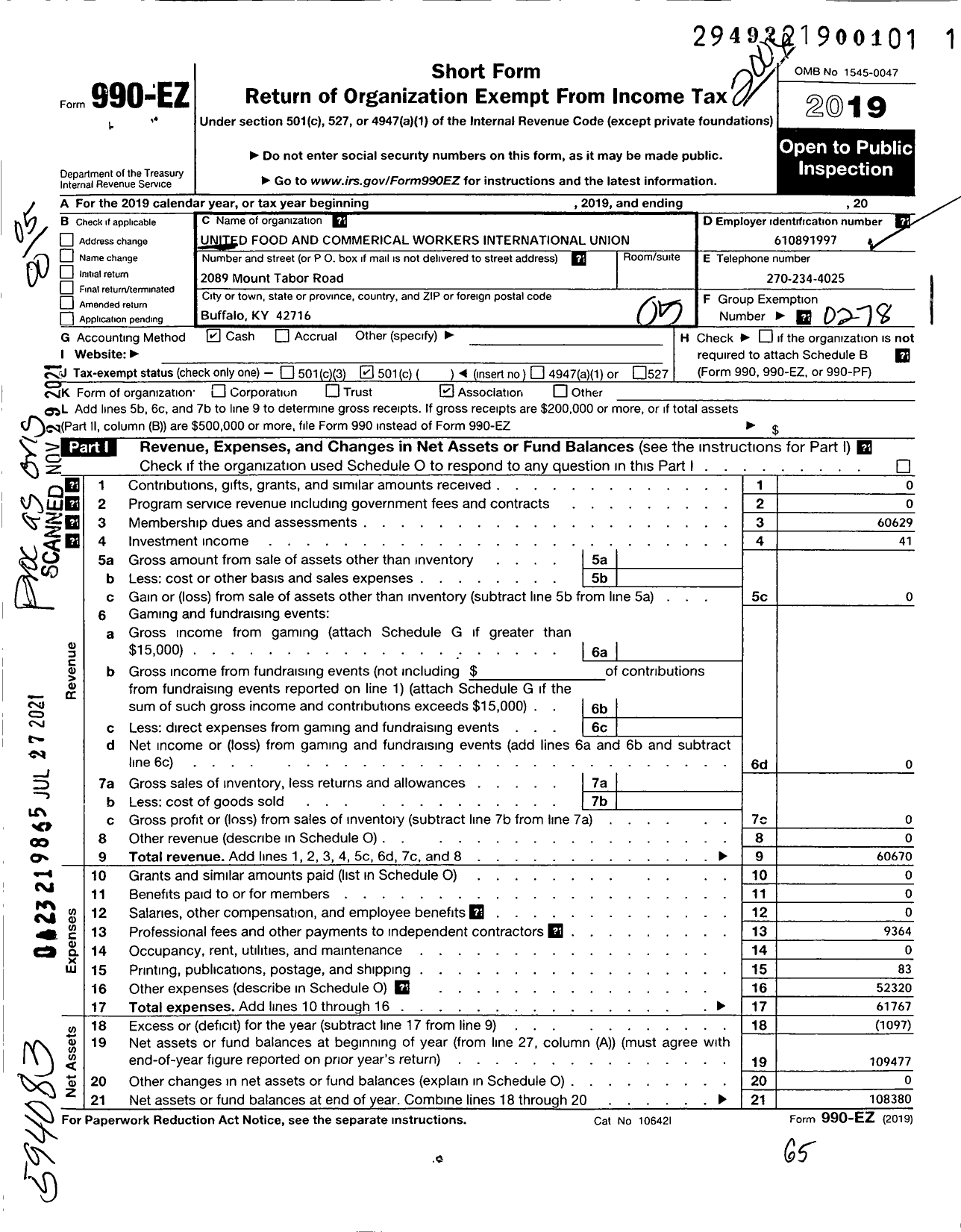 Image of first page of 2019 Form 990EO for United Food & Commercial Workers Union - 970c Local