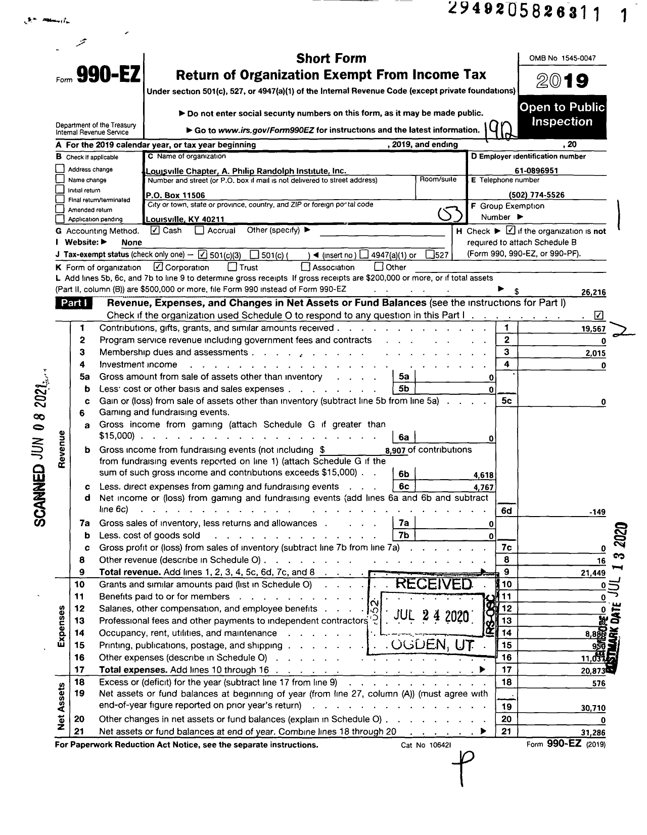 Image of first page of 2019 Form 990EZ for Louisville Chapter A Philip Randolph Institute