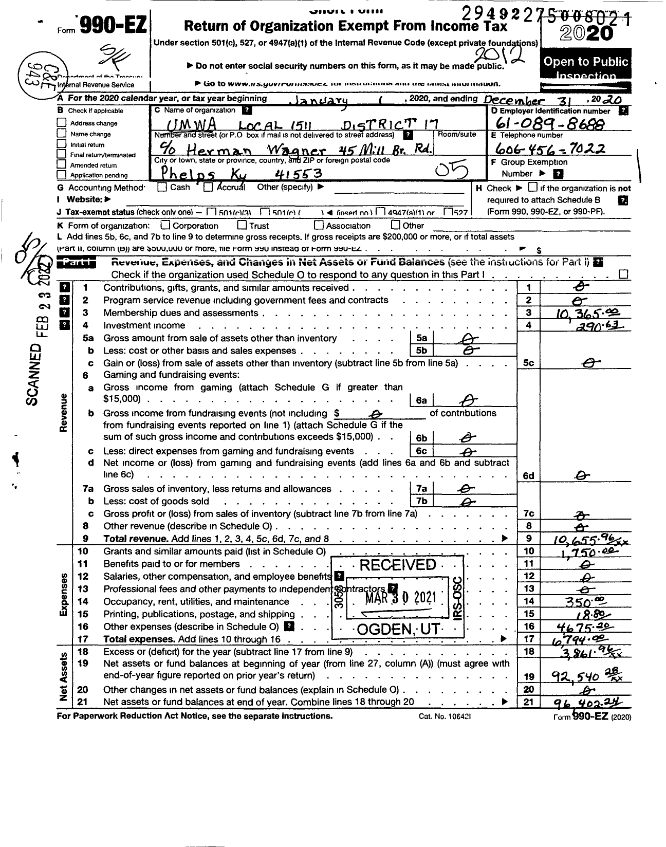 Image of first page of 2020 Form 990EO for UNITED MINE WORKERS OF AMERICA INTERNATIONAL - 1511 Umw-17