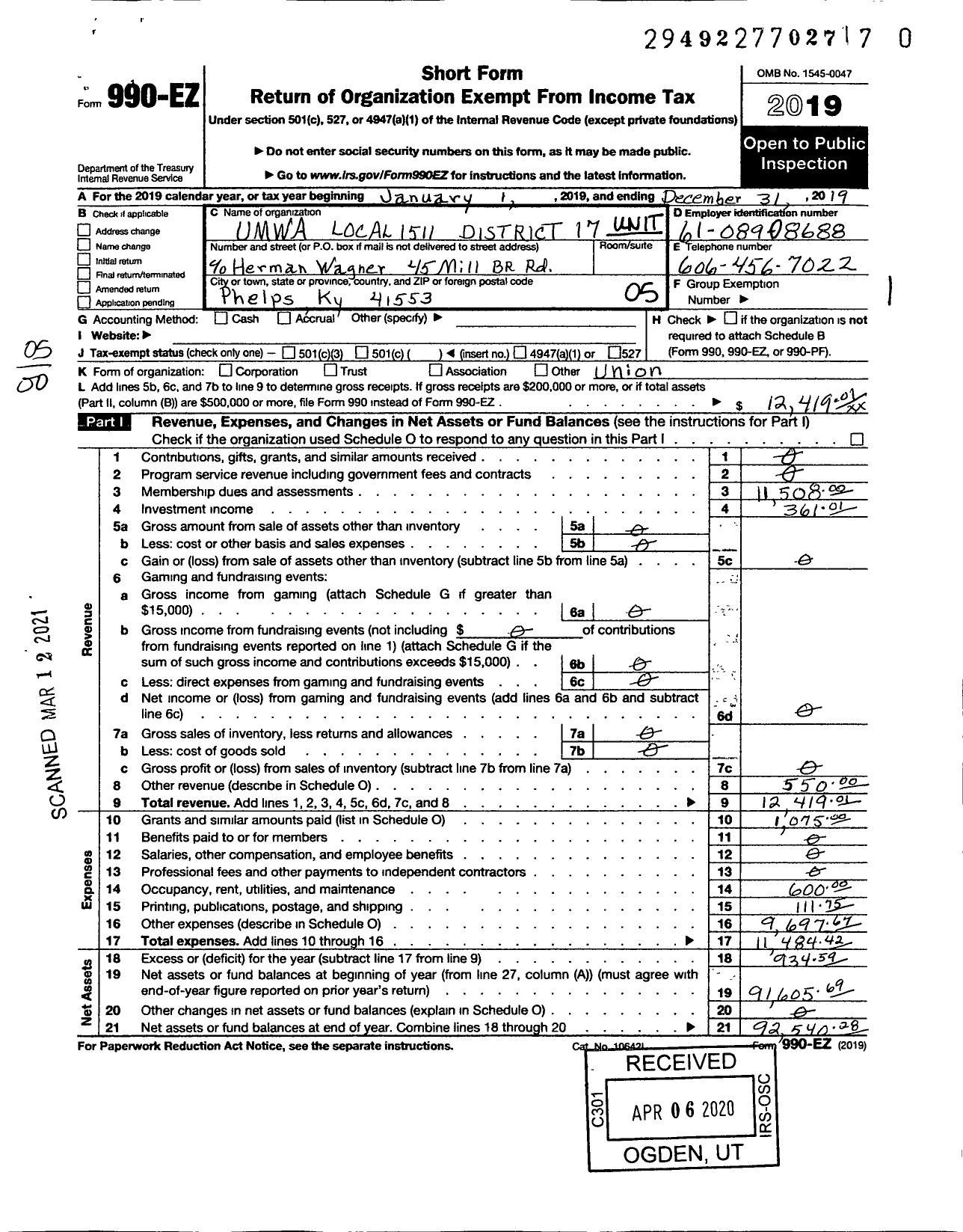 Image of first page of 2019 Form 990EO for UNITED MINE WORKERS OF AMERICA INTERNATIONAL - 1511 Umw-17