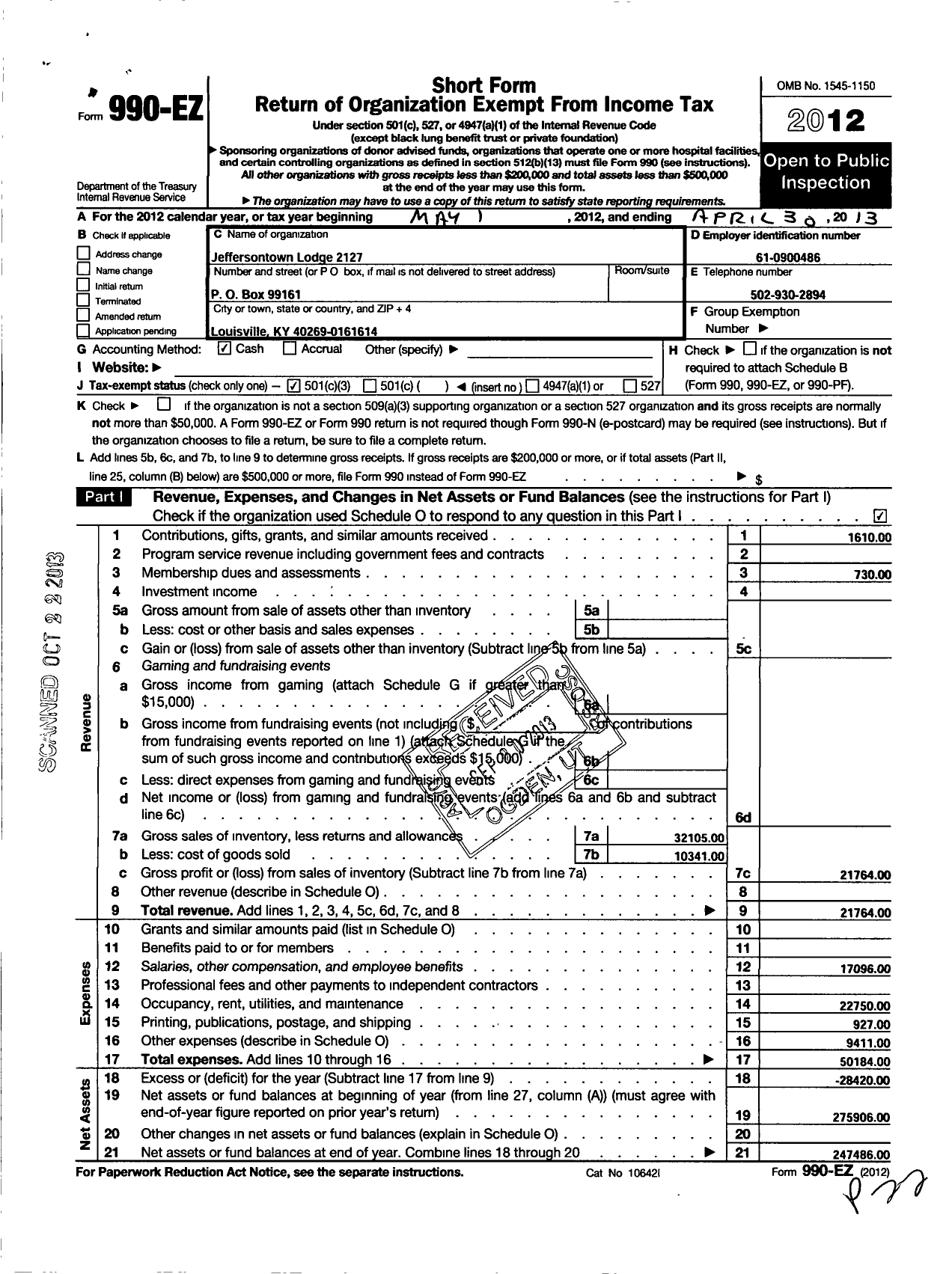 Image of first page of 2012 Form 990EZ for Loyal Order of Moose - 2127