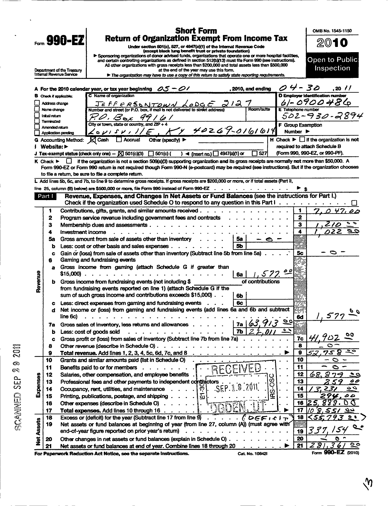 Image of first page of 2010 Form 990EZ for Loyal Order of Moose - 2127