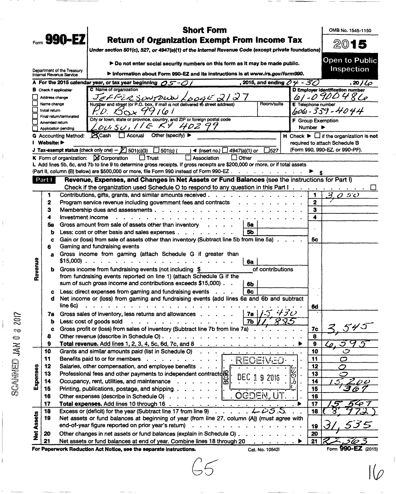 Image of first page of 2015 Form 990EZ for Loyal Order of Moose - 2127