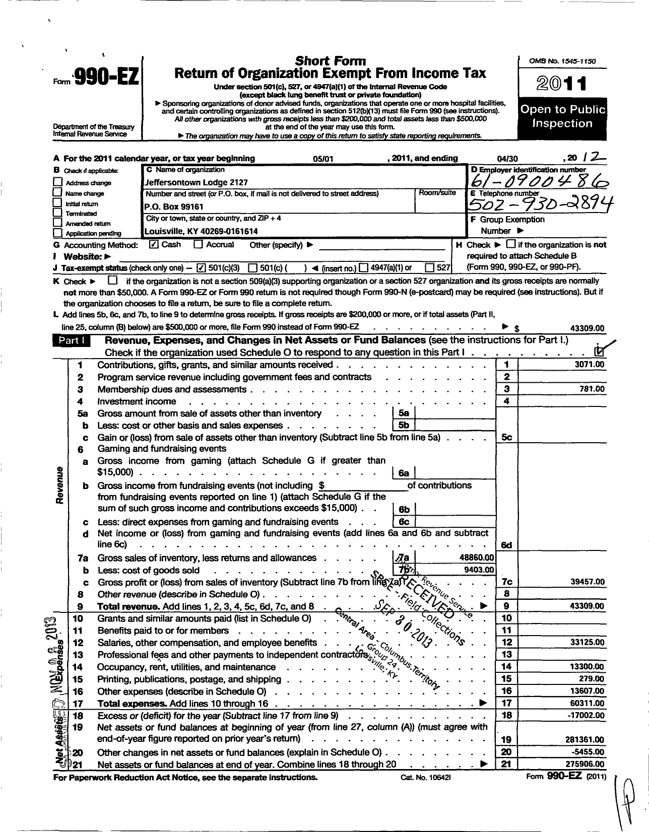 Image of first page of 2011 Form 990EZ for Loyal Order of Moose - 2127