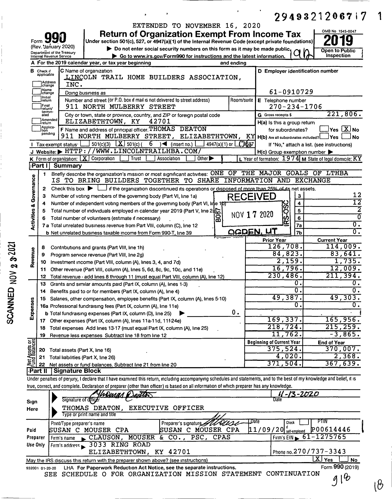 Image of first page of 2019 Form 990O for Lincoln Trail Home Builders Association