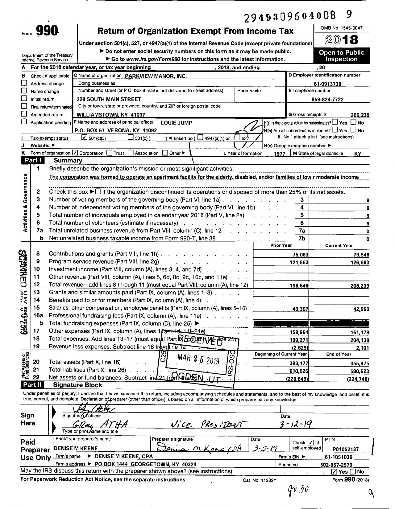 Image of first page of 2018 Form 990 for Parkview Manor