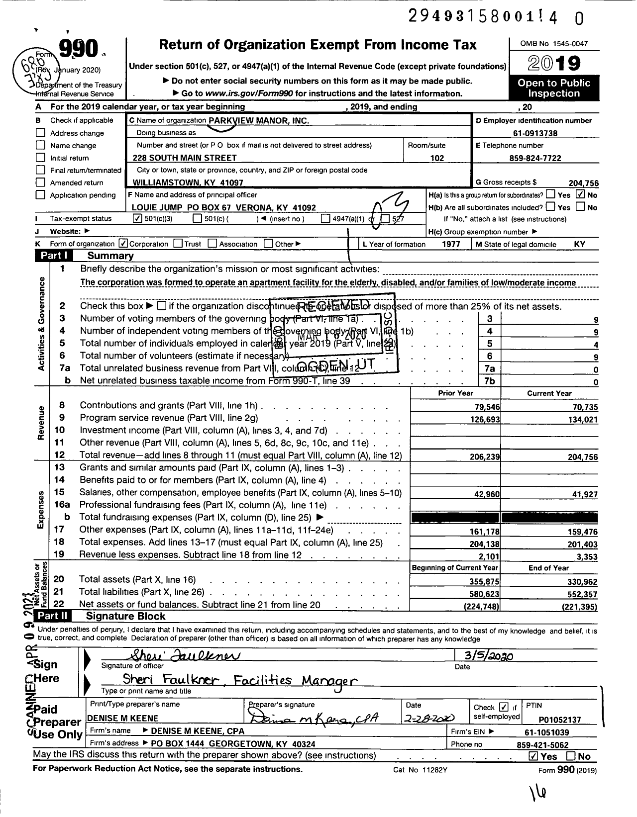 Image of first page of 2019 Form 990 for Parkview Manor