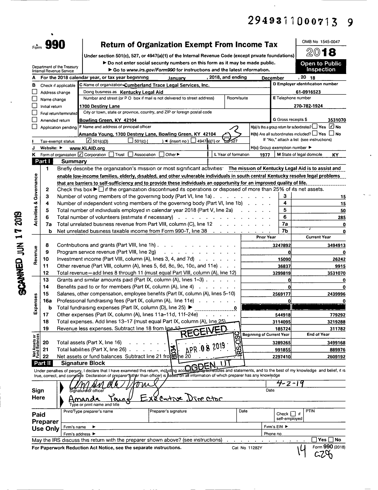 Image of first page of 2018 Form 990 for Kentucky Legal Aid