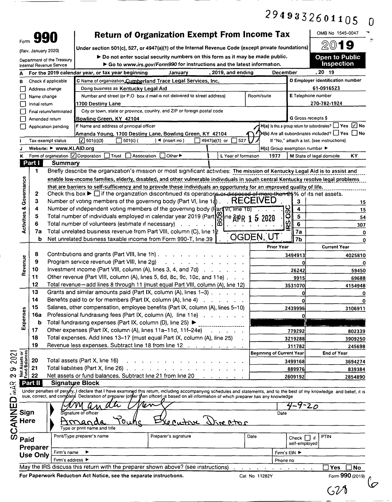 Image of first page of 2019 Form 990 for Kentucky Legal Aid