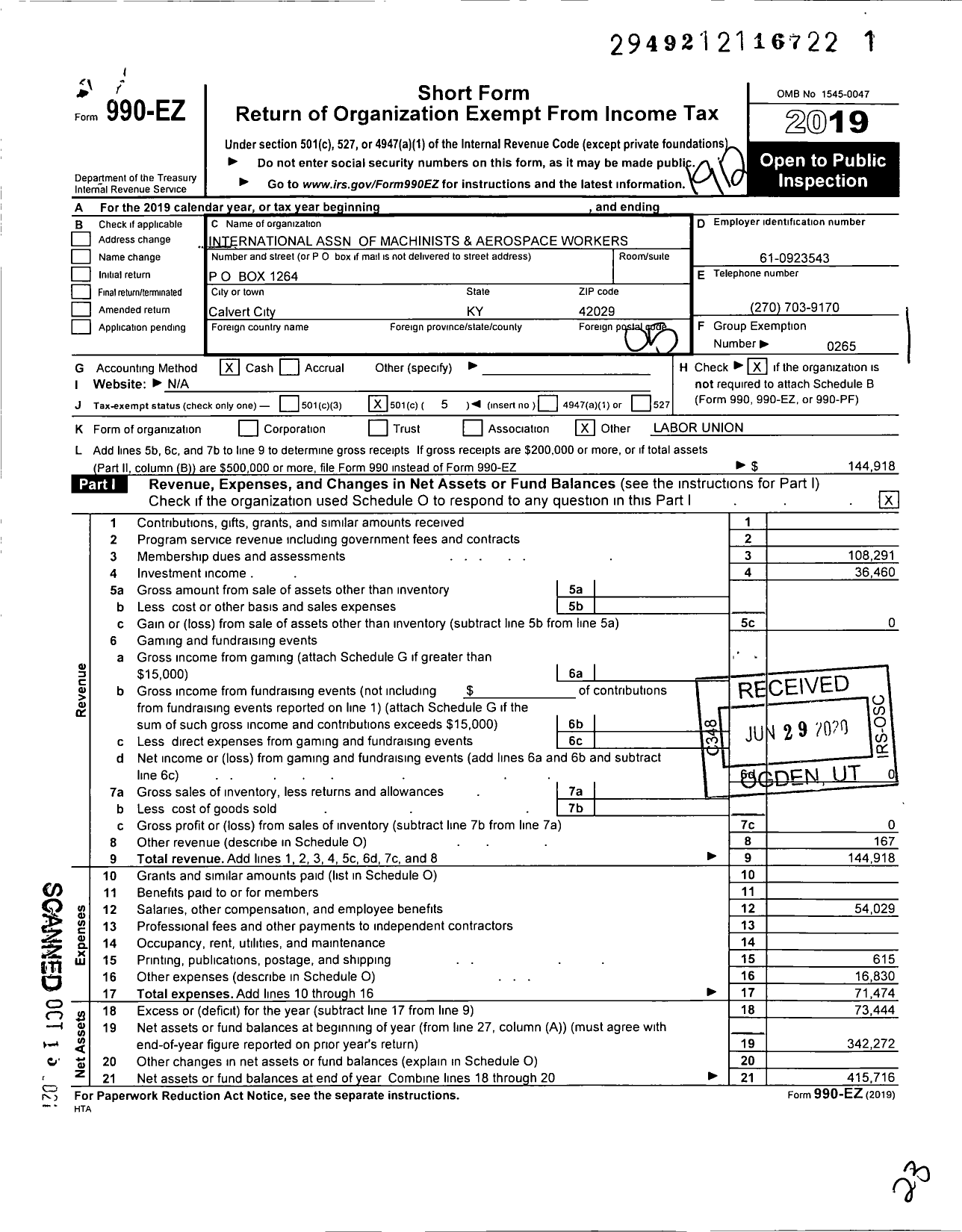 Image of first page of 2019 Form 990EO for International Association of Machinists and Aerospace Workers - 1720