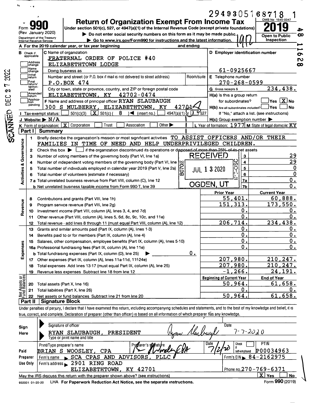 Image of first page of 2019 Form 990O for Fraternal Order of Police - 40 Bruce Tabor Memorial Lodge