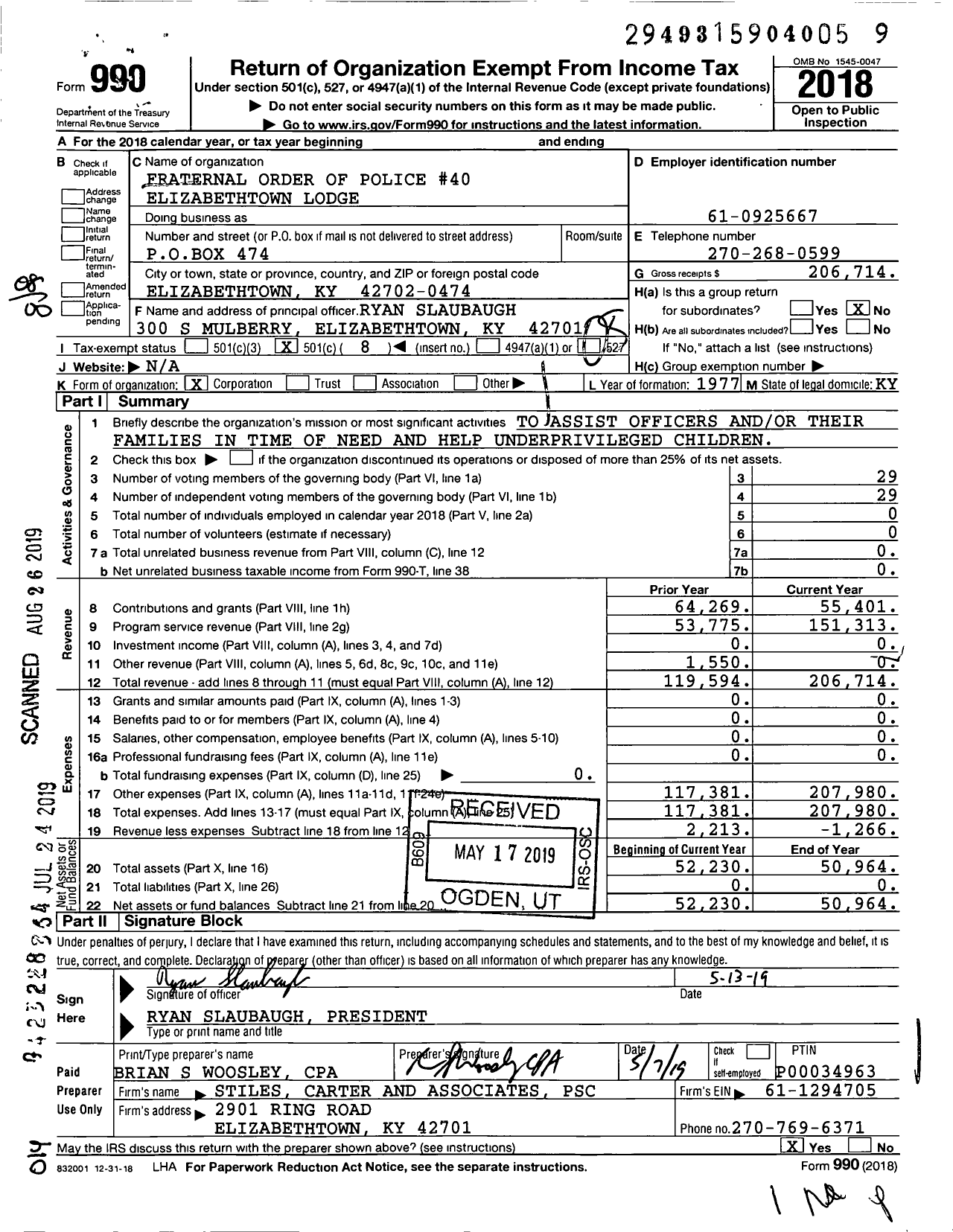 Image of first page of 2018 Form 990O for Fraternal Order of Police - 40 Bruce Tabor Memorial Lodge