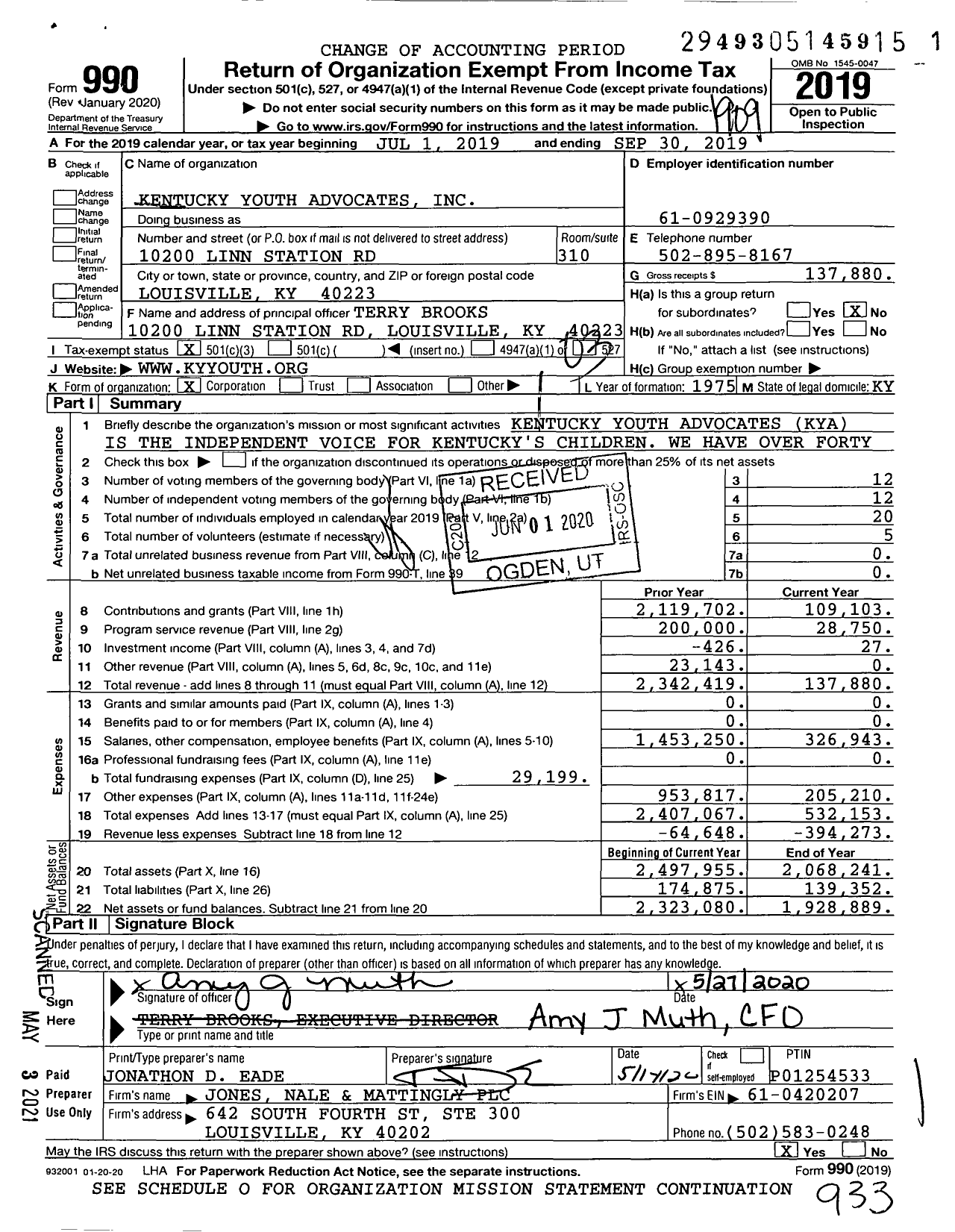 Image of first page of 2018 Form 990 for Kentucky Youth Advocates