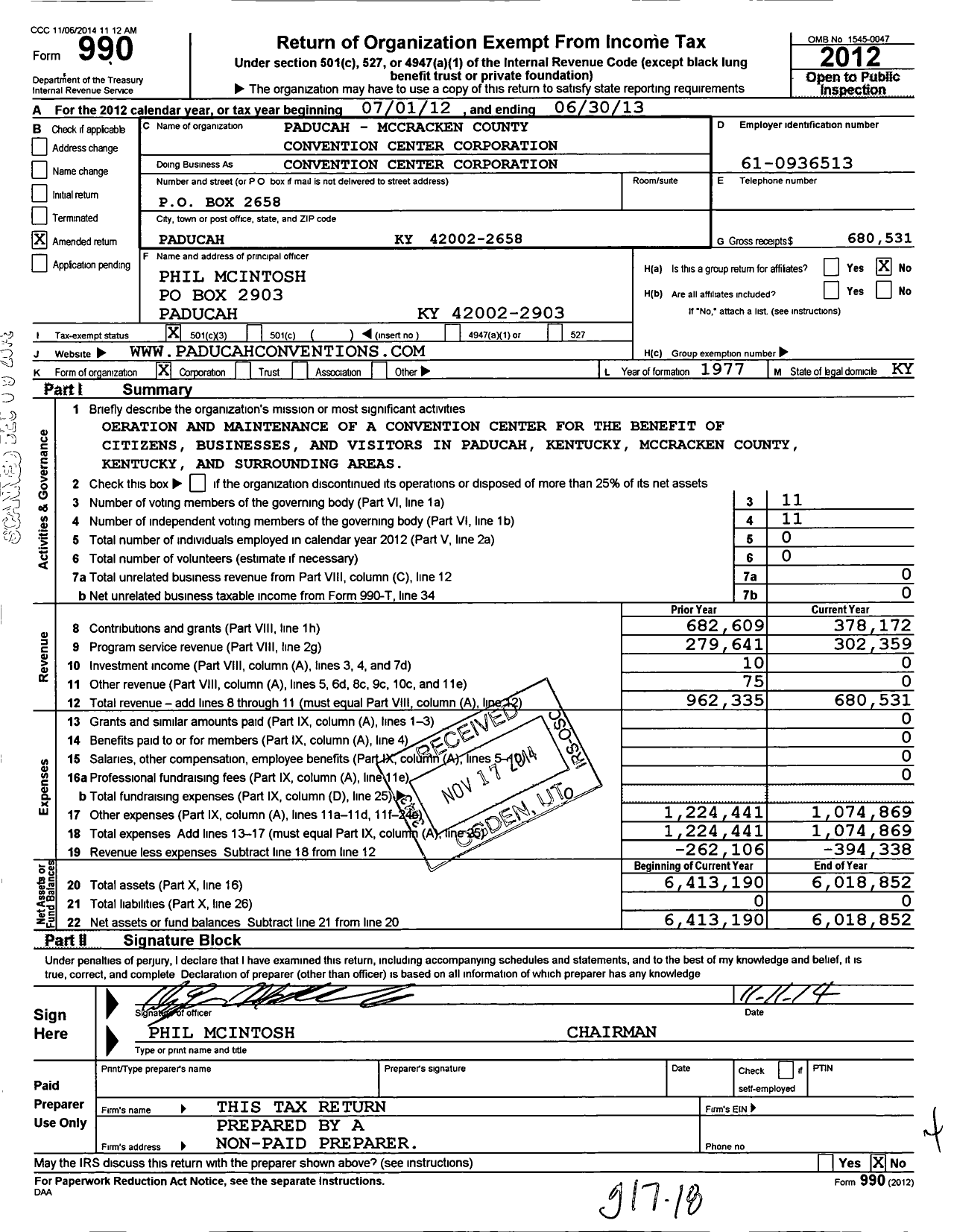 Image of first page of 2012 Form 990 for Paducah - Mccracken County Convention Center Corporation