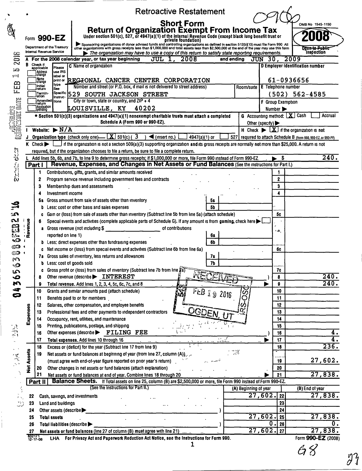 Image of first page of 2008 Form 990EZ for Regional Cancer Center Corporation