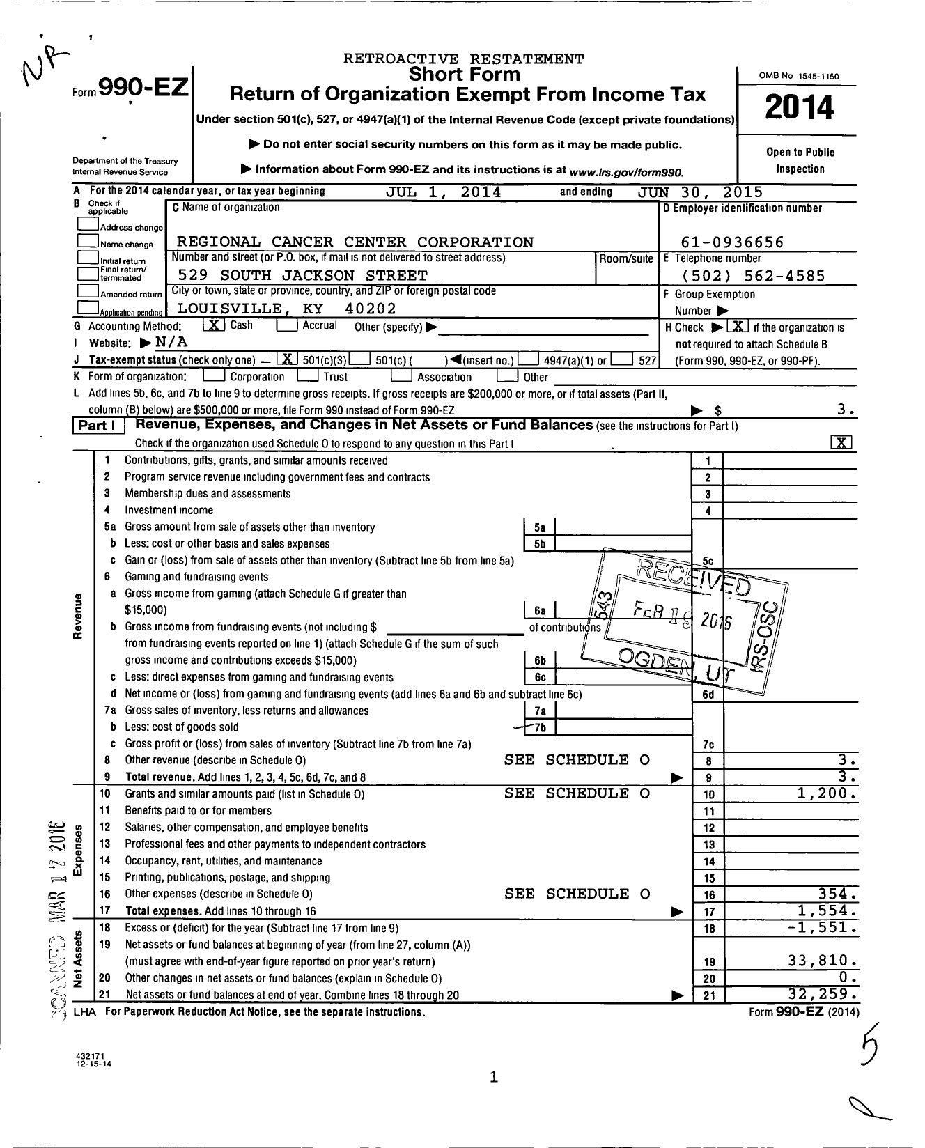 Image of first page of 2014 Form 990EZ for Regional Cancer Center Corporation