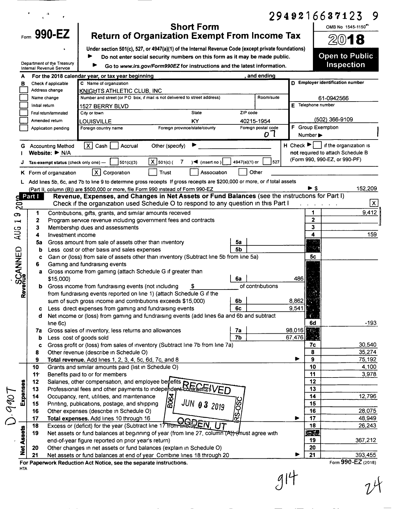 Image of first page of 2018 Form 990EO for Knights Athletic Club