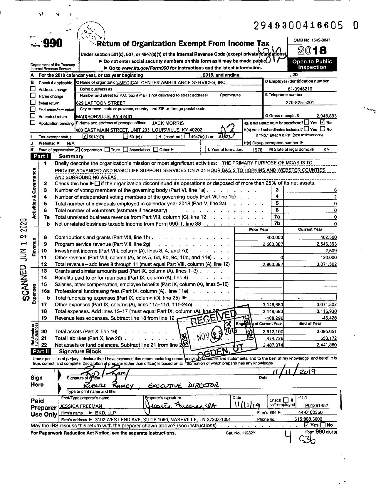 Image of first page of 2018 Form 990 for Medical Center Ambulance ServiceIncorporated