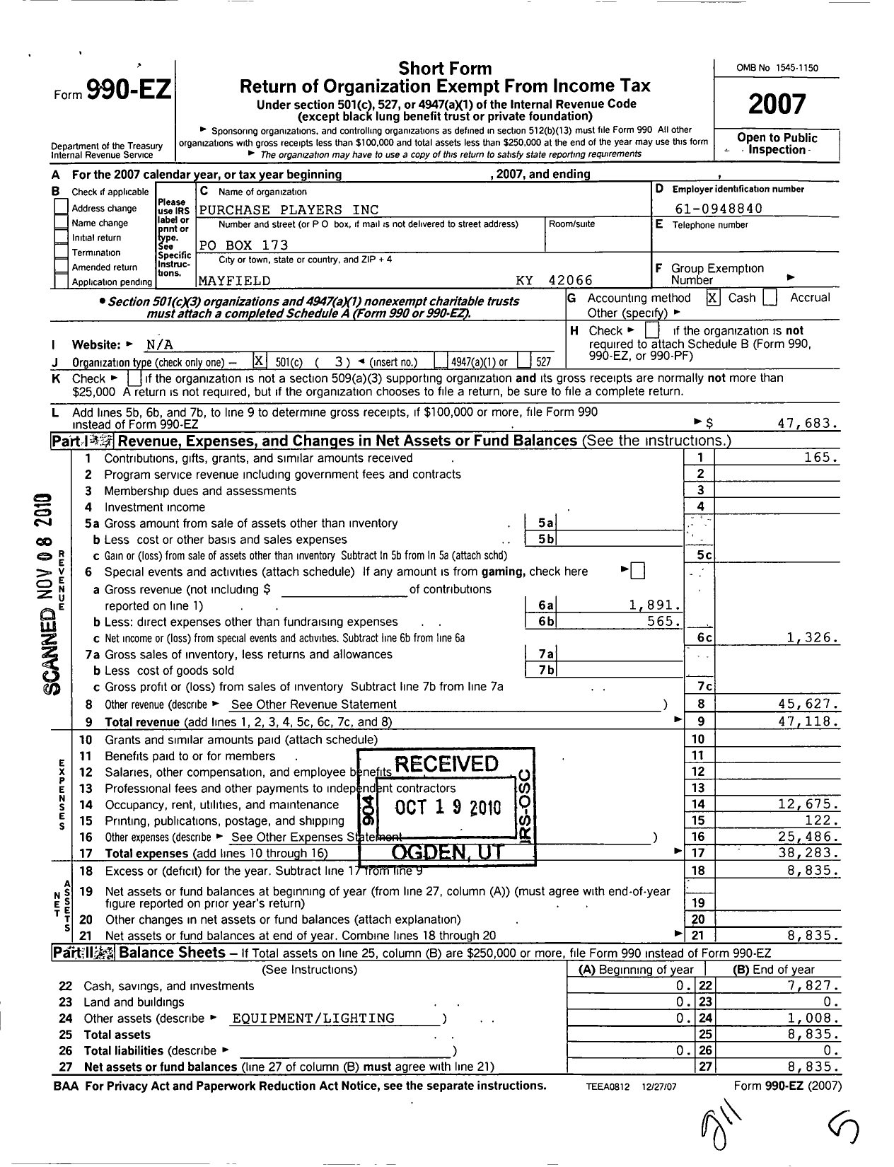 Image of first page of 2007 Form 990EZ for Purchase Players