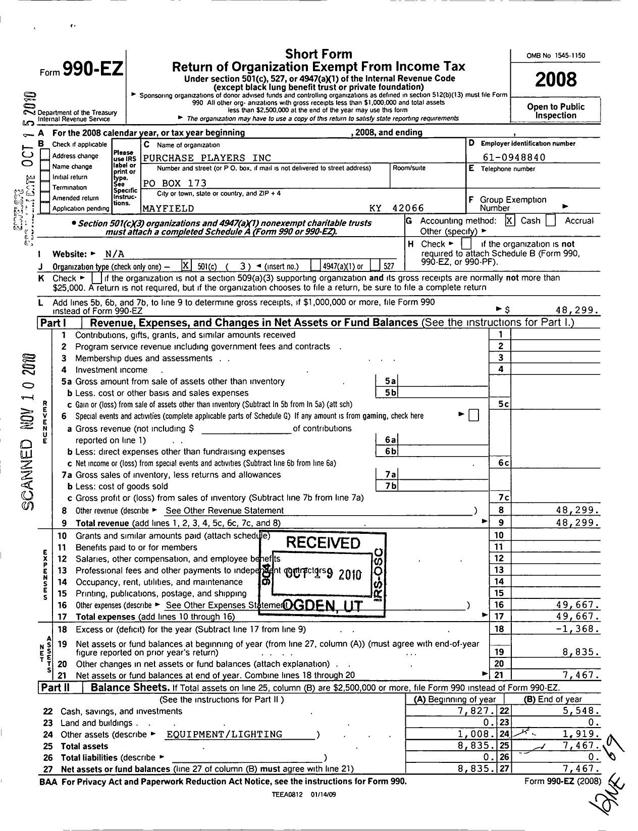 Image of first page of 2008 Form 990EZ for Purchase Players