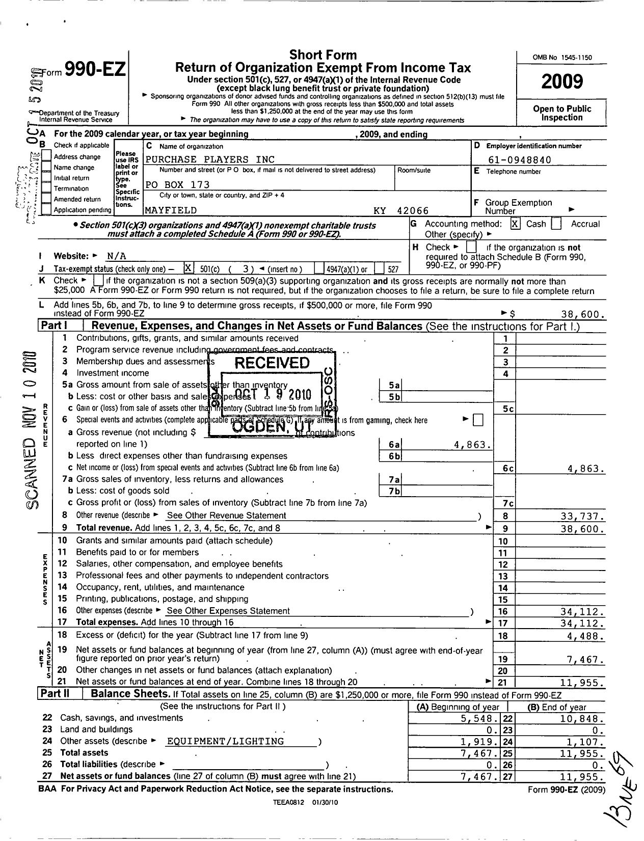 Image of first page of 2009 Form 990EZ for Purchase Players