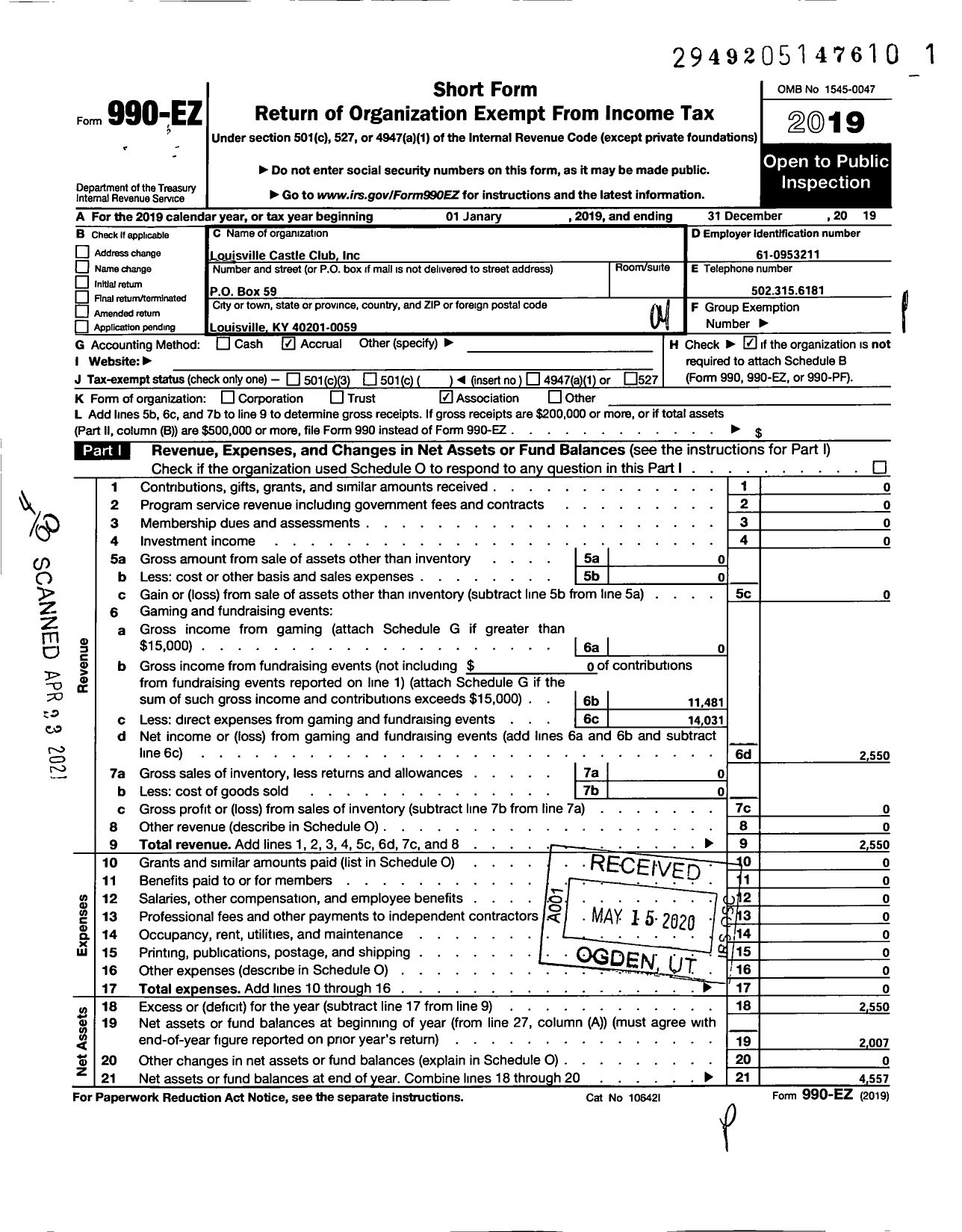 Image of first page of 2019 Form 990EO for Louisville Castle Club