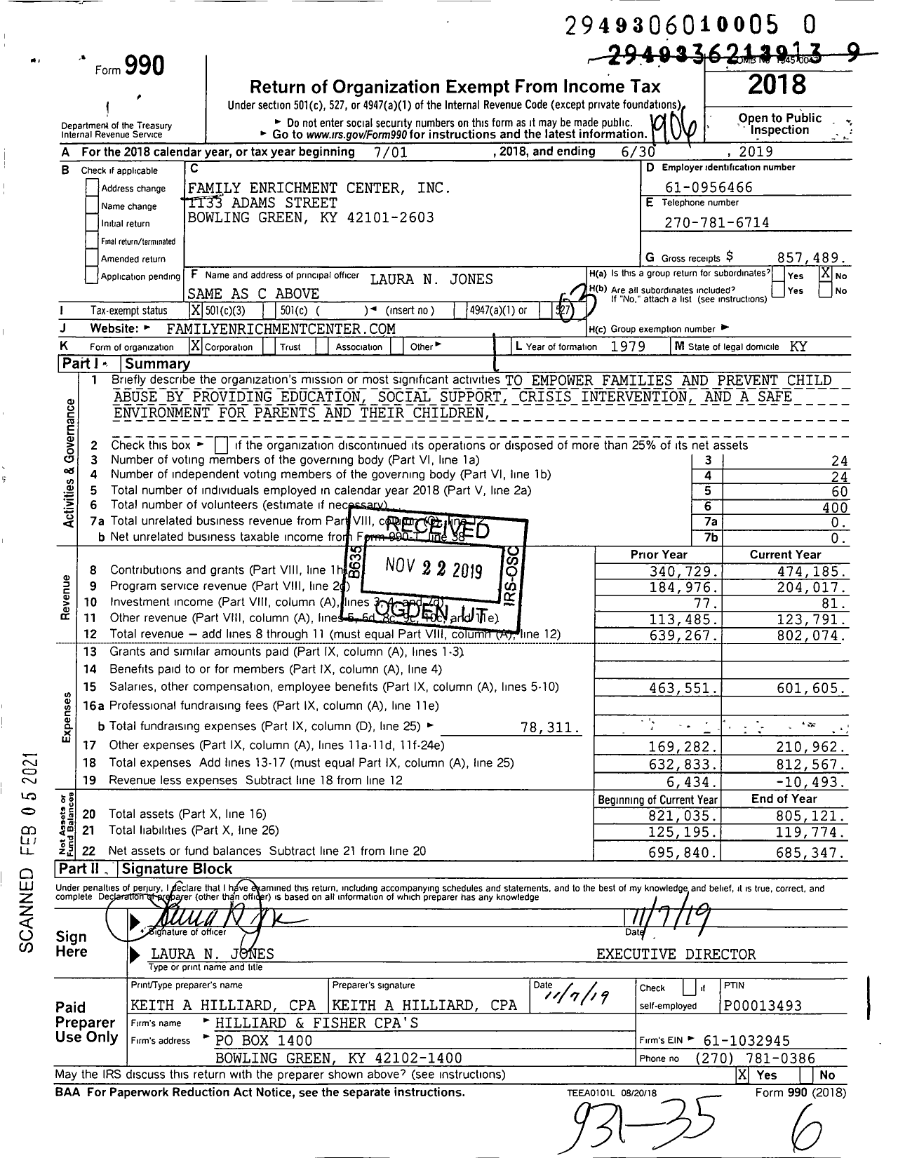 Image of first page of 2018 Form 990 for Family Enrichment Center