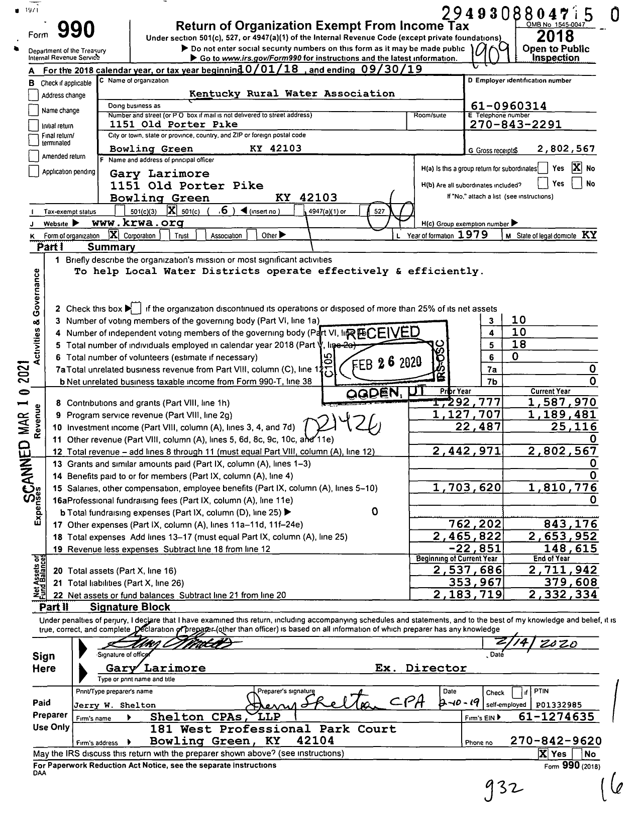 Image of first page of 2018 Form 990O for Kentucky Rural Water Association